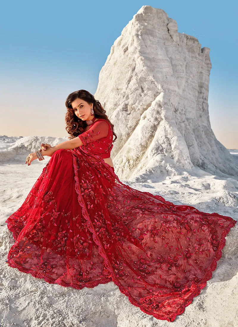 Bridal Red Floral Embroidered Indian Wedding Saree