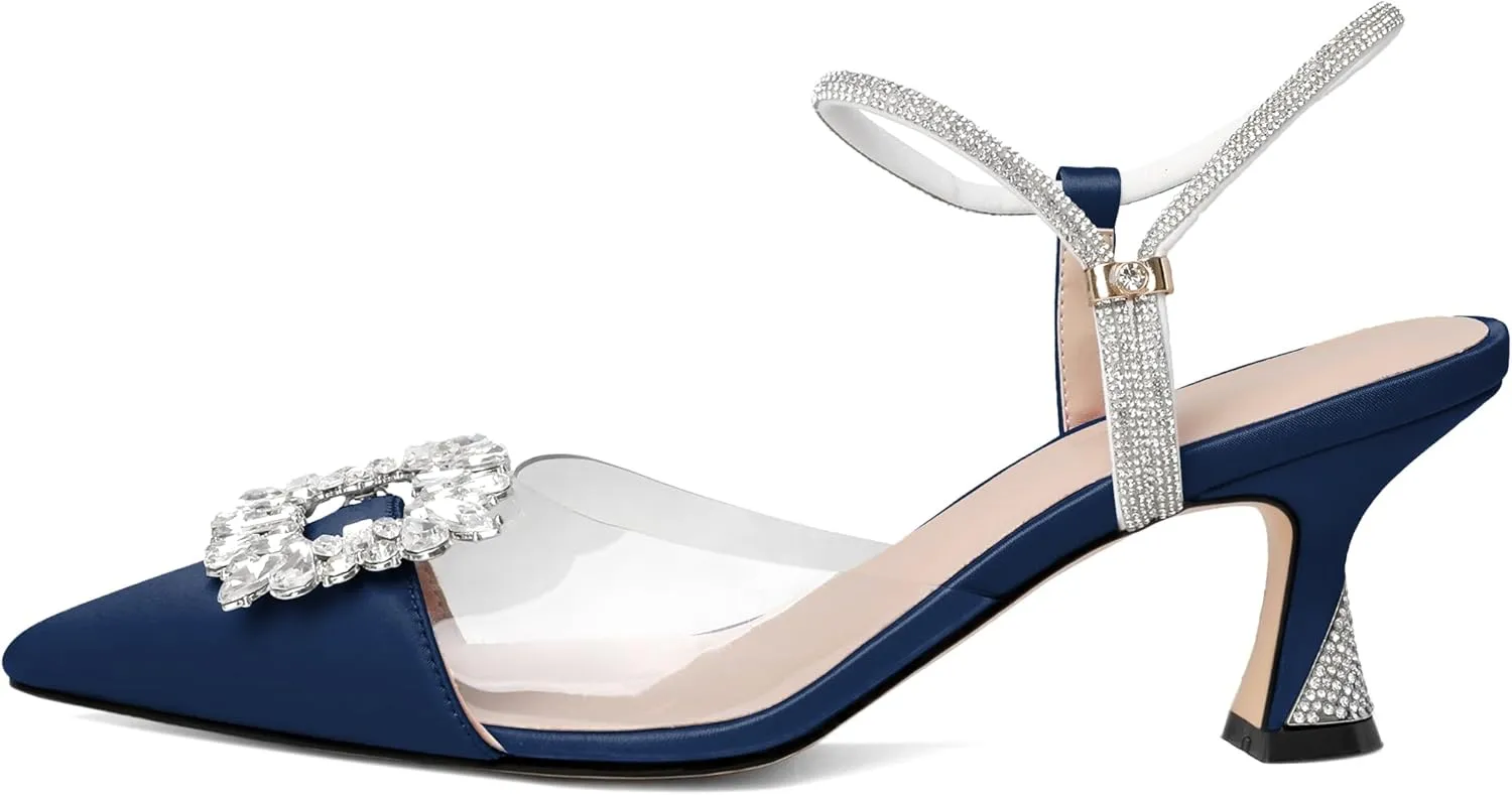 Joseywade Rhinestone Heels Slingback Low Kitten Heels Pumps Clear Heels Sparkly Buckle Closed Pointed Toe Women's Adjustable Ankle Strap Shoes for Wedding Bridal Bridesmaid