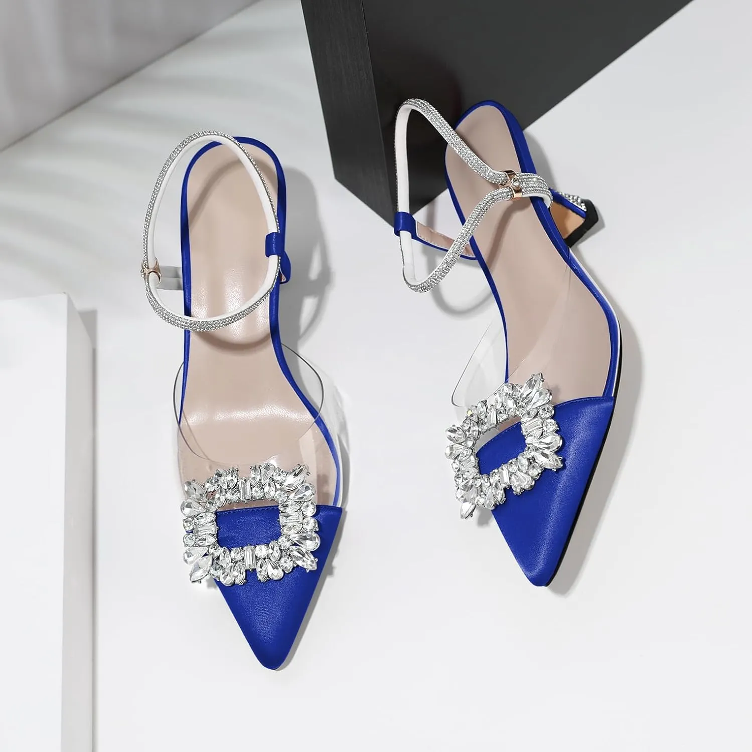 Joseywade Rhinestone Heels Slingback Low Kitten Heels Pumps Clear Heels Sparkly Buckle Closed Pointed Toe Women's Adjustable Ankle Strap Shoes for Wedding Bridal Bridesmaid