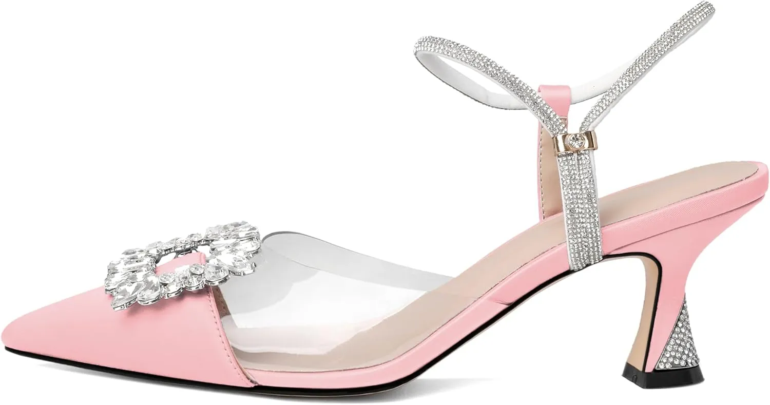 Joseywade Rhinestone Heels Slingback Low Kitten Heels Pumps Clear Heels Sparkly Buckle Closed Pointed Toe Women's Adjustable Ankle Strap Shoes for Wedding Bridal Bridesmaid