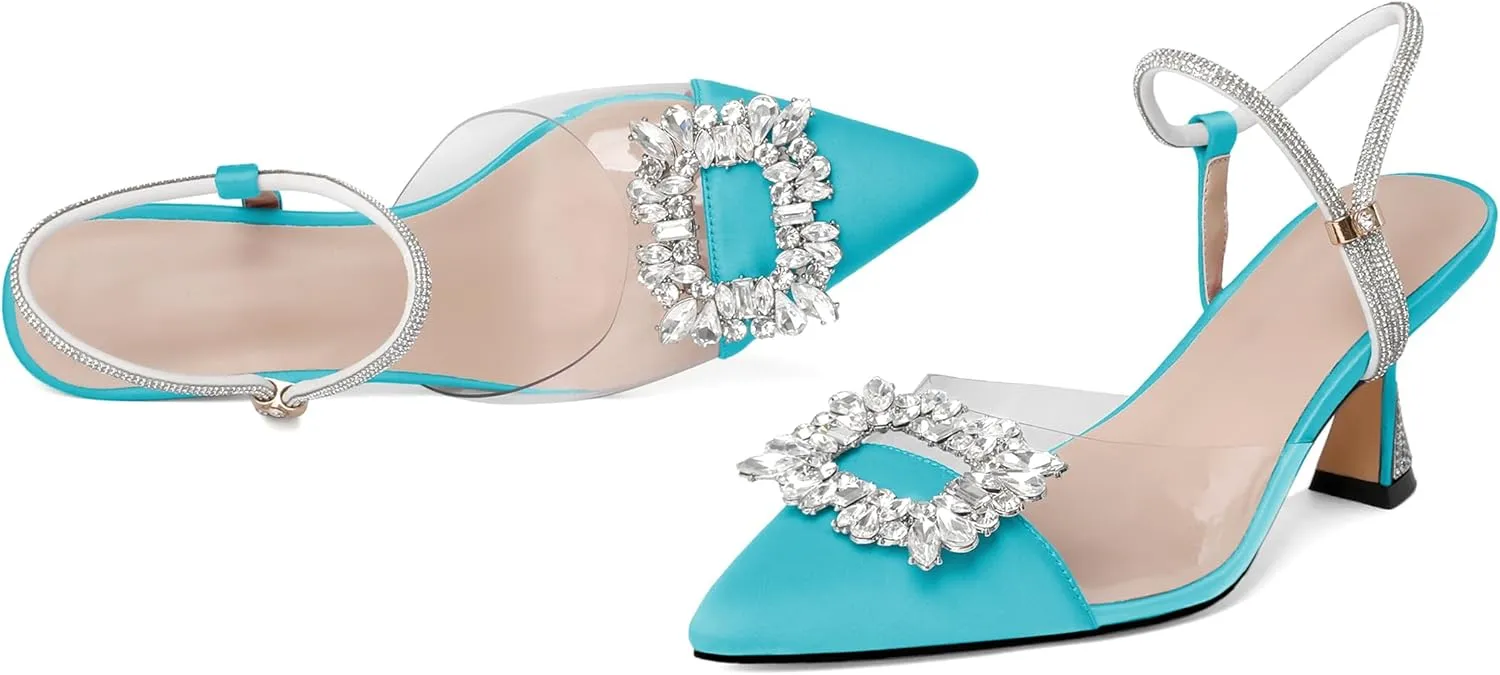 Joseywade Rhinestone Heels Slingback Low Kitten Heels Pumps Clear Heels Sparkly Buckle Closed Pointed Toe Women's Adjustable Ankle Strap Shoes for Wedding Bridal Bridesmaid