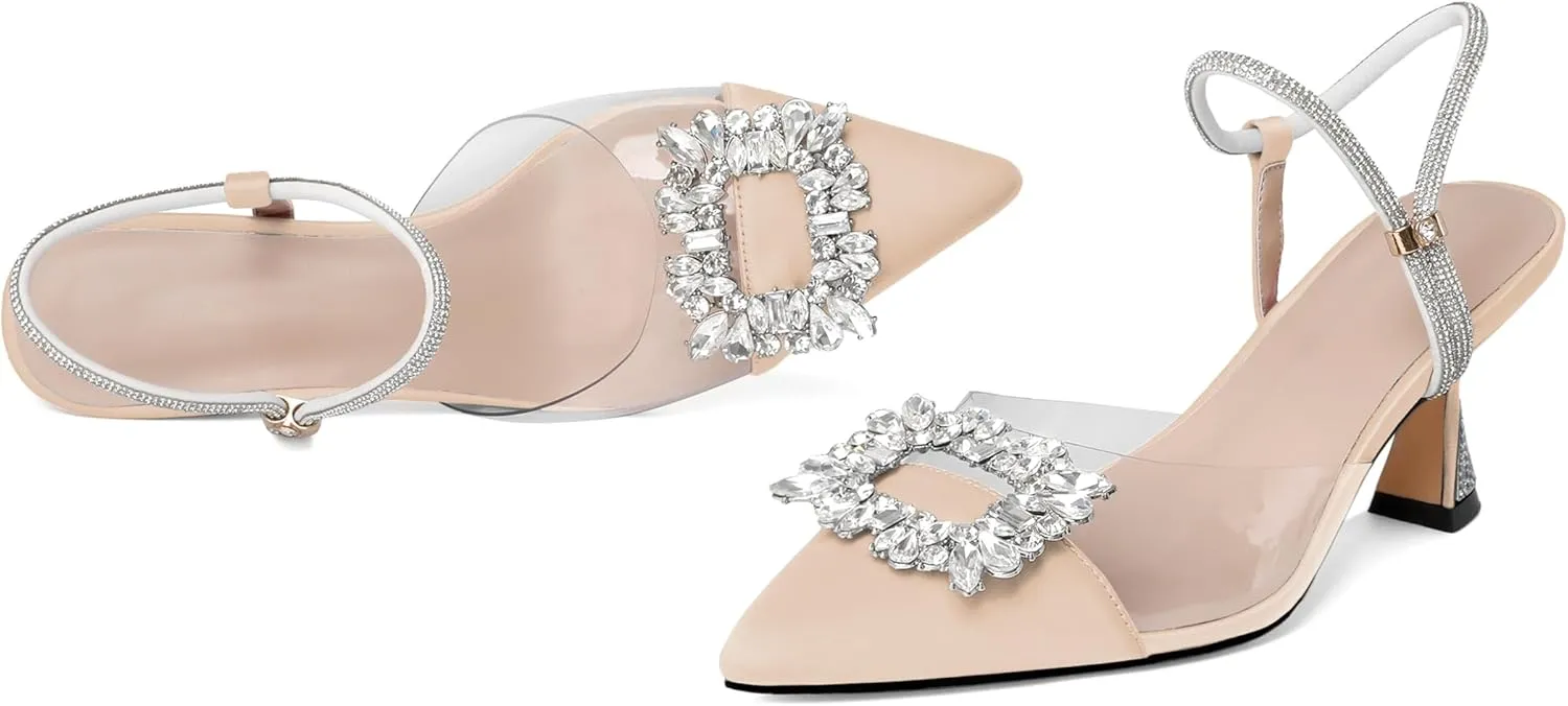 Joseywade Rhinestone Heels Slingback Low Kitten Heels Pumps Clear Heels Sparkly Buckle Closed Pointed Toe Women's Adjustable Ankle Strap Shoes for Wedding Bridal Bridesmaid