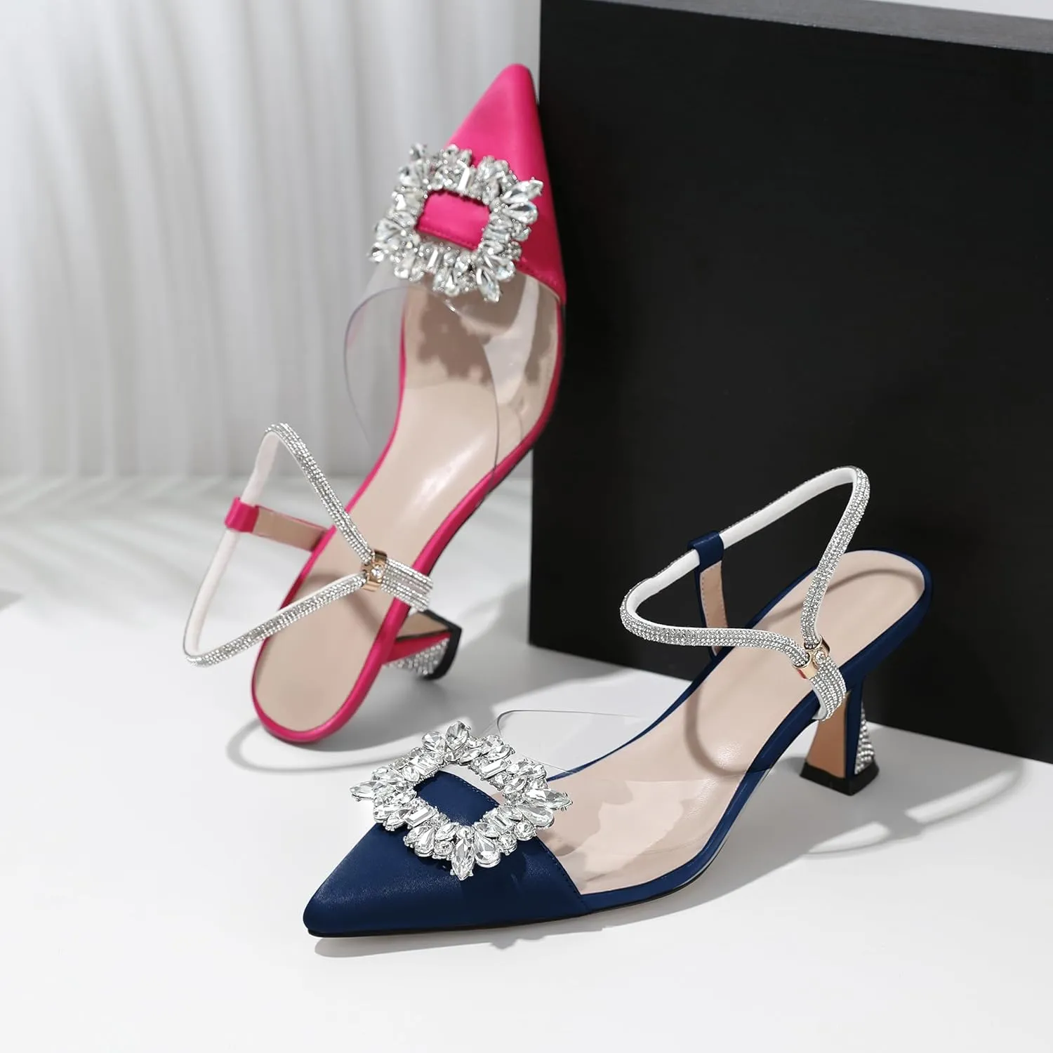 Joseywade Rhinestone Heels Slingback Low Kitten Heels Pumps Clear Heels Sparkly Buckle Closed Pointed Toe Women's Adjustable Ankle Strap Shoes for Wedding Bridal Bridesmaid