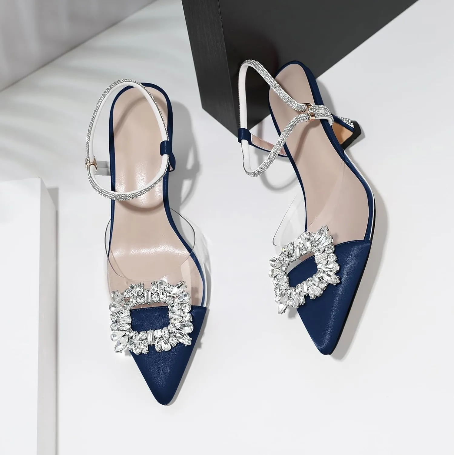 Joseywade Rhinestone Heels Slingback Low Kitten Heels Pumps Clear Heels Sparkly Buckle Closed Pointed Toe Women's Adjustable Ankle Strap Shoes for Wedding Bridal Bridesmaid