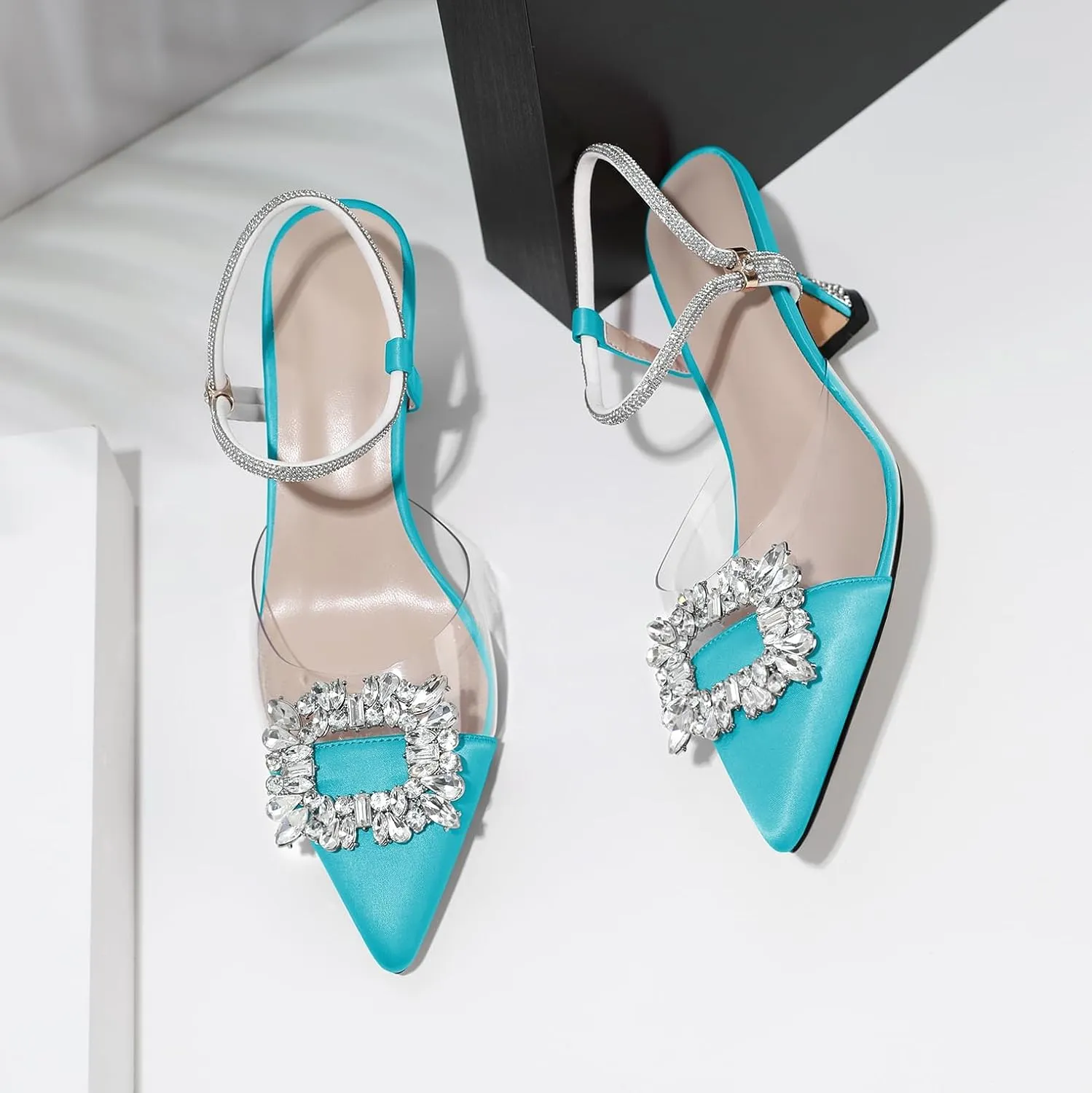 Joseywade Rhinestone Heels Slingback Low Kitten Heels Pumps Clear Heels Sparkly Buckle Closed Pointed Toe Women's Adjustable Ankle Strap Shoes for Wedding Bridal Bridesmaid