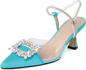 Joseywade Rhinestone Heels Slingback Low Kitten Heels Pumps Clear Heels Sparkly Buckle Closed Pointed Toe Women's Adjustable Ankle Strap Shoes for Wedding Bridal Bridesmaid