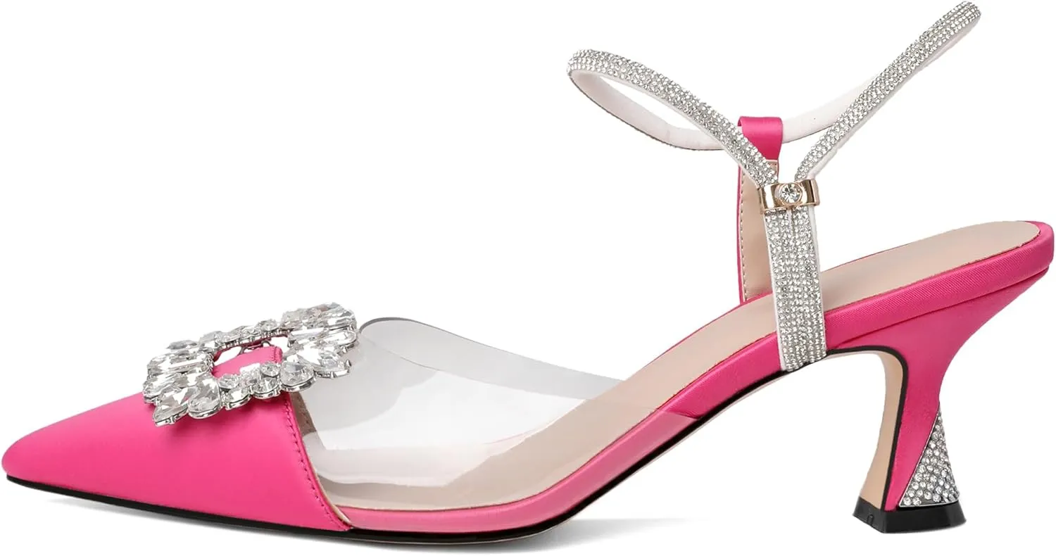 Joseywade Rhinestone Heels Slingback Low Kitten Heels Pumps Clear Heels Sparkly Buckle Closed Pointed Toe Women's Adjustable Ankle Strap Shoes for Wedding Bridal Bridesmaid
