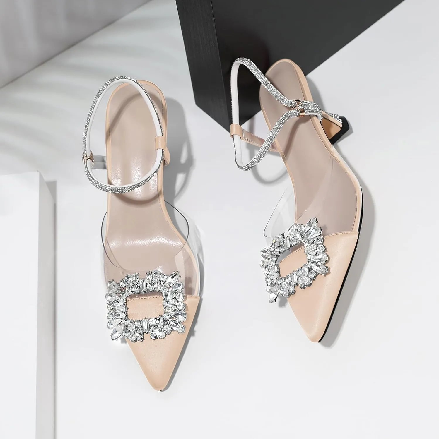 Joseywade Rhinestone Heels Slingback Low Kitten Heels Pumps Clear Heels Sparkly Buckle Closed Pointed Toe Women's Adjustable Ankle Strap Shoes for Wedding Bridal Bridesmaid