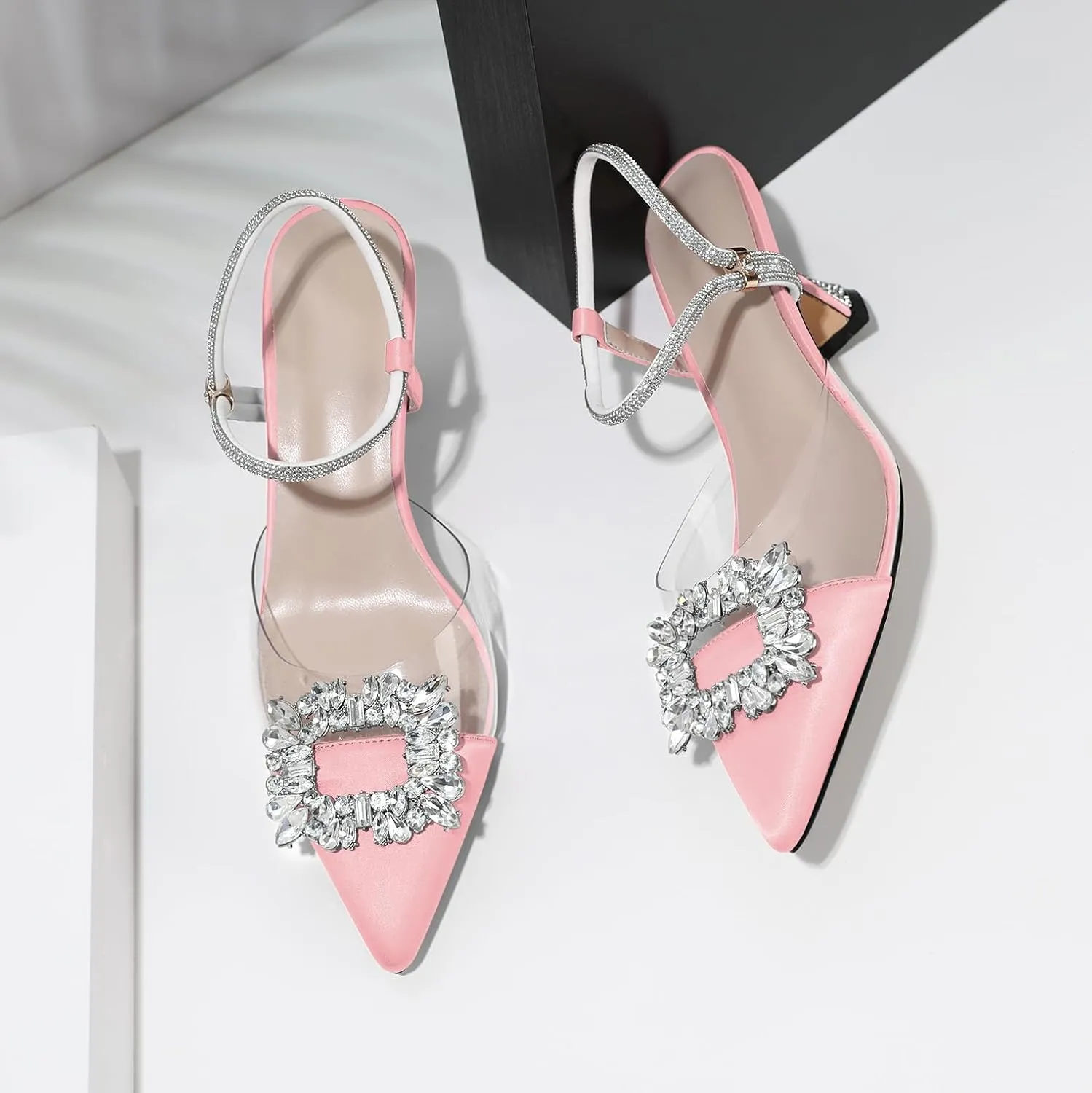 Joseywade Rhinestone Heels Slingback Low Kitten Heels Pumps Clear Heels Sparkly Buckle Closed Pointed Toe Women's Adjustable Ankle Strap Shoes for Wedding Bridal Bridesmaid