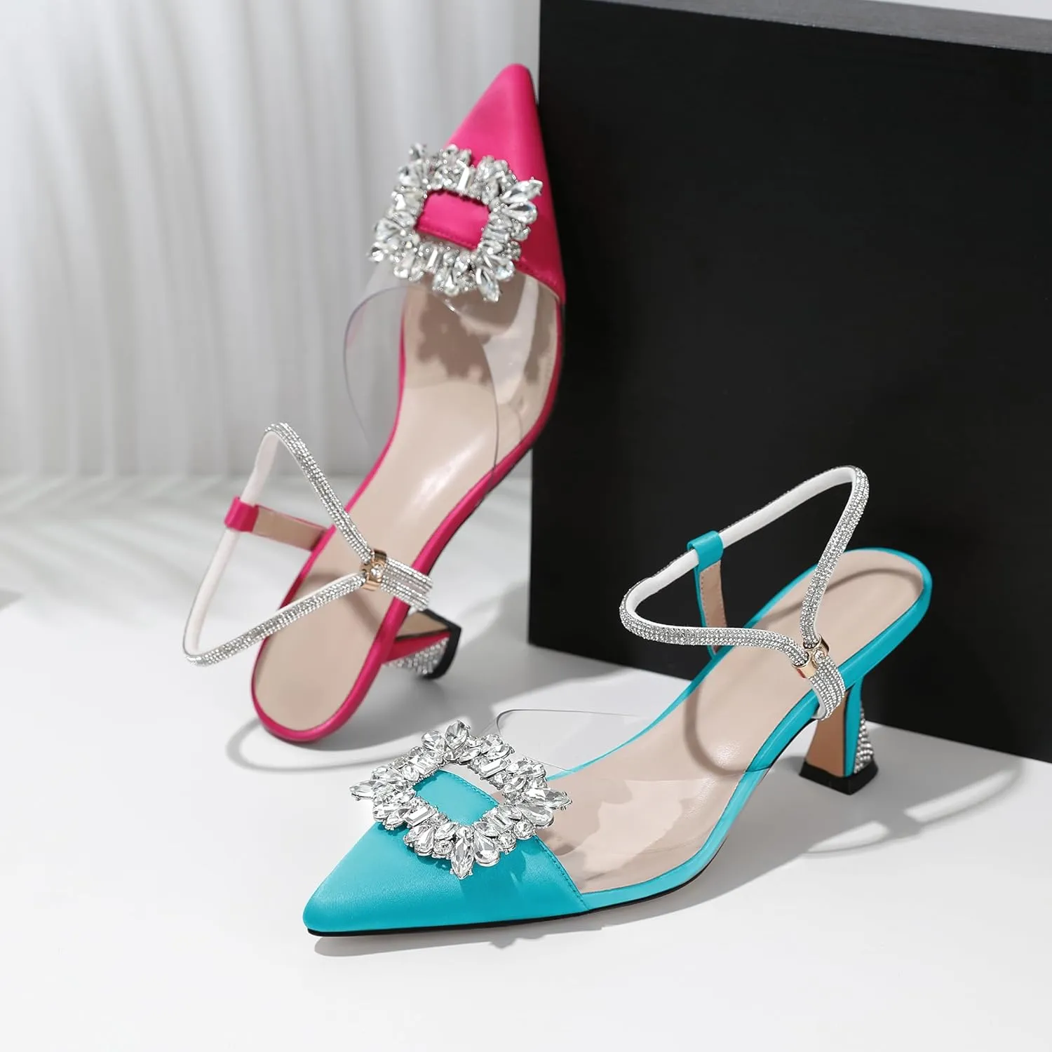 Joseywade Rhinestone Heels Slingback Low Kitten Heels Pumps Clear Heels Sparkly Buckle Closed Pointed Toe Women's Adjustable Ankle Strap Shoes for Wedding Bridal Bridesmaid