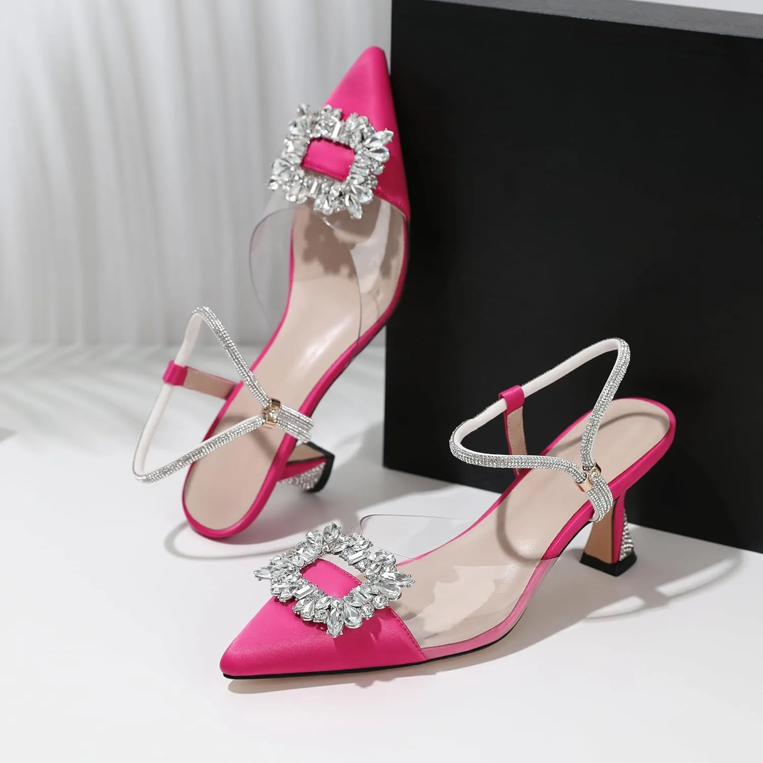 Joseywade Rhinestone Heels Slingback Low Kitten Heels Pumps Clear Heels Sparkly Buckle Closed Pointed Toe Women's Adjustable Ankle Strap Shoes for Wedding Bridal Bridesmaid