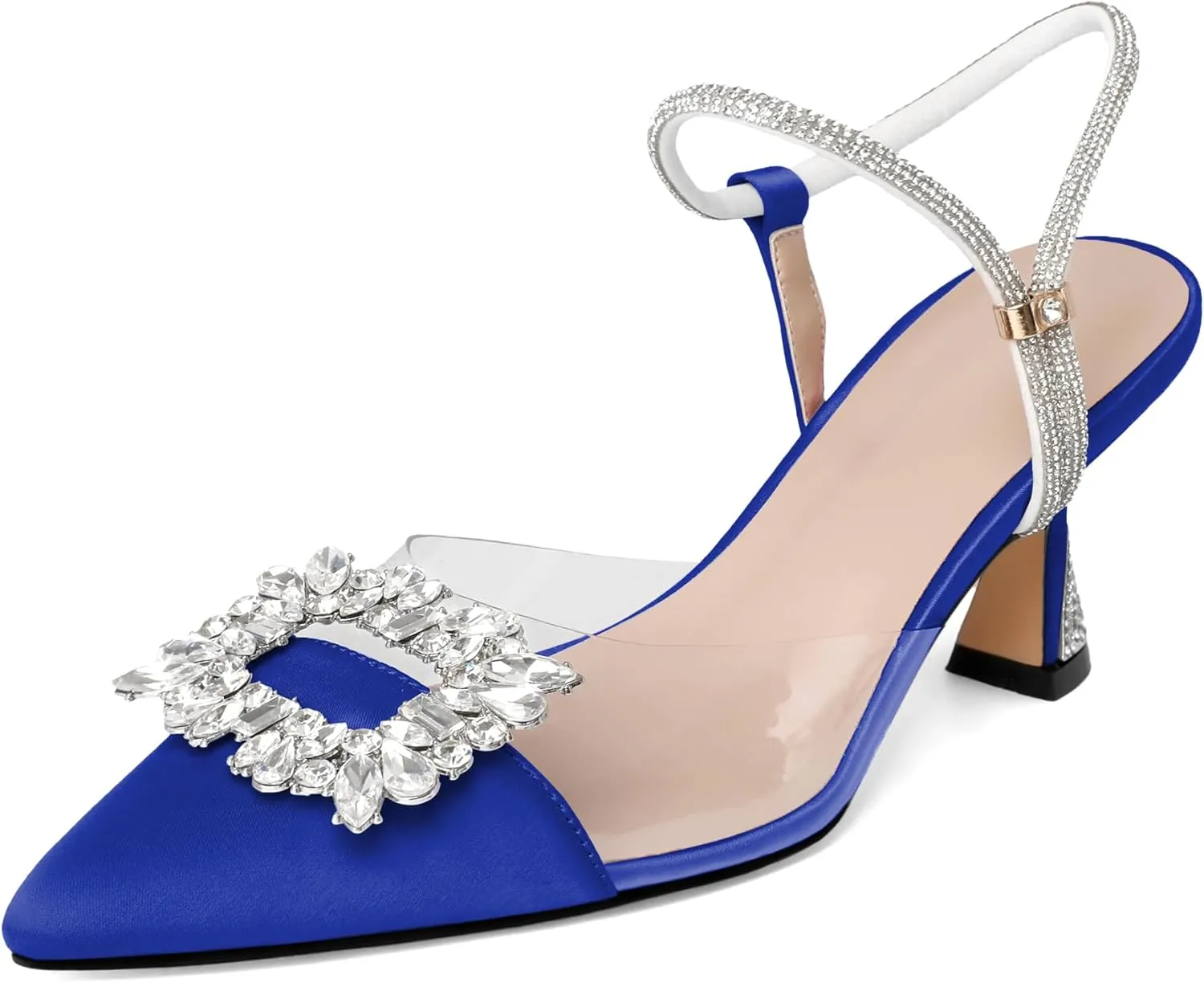 Joseywade Rhinestone Heels Slingback Low Kitten Heels Pumps Clear Heels Sparkly Buckle Closed Pointed Toe Women's Adjustable Ankle Strap Shoes for Wedding Bridal Bridesmaid