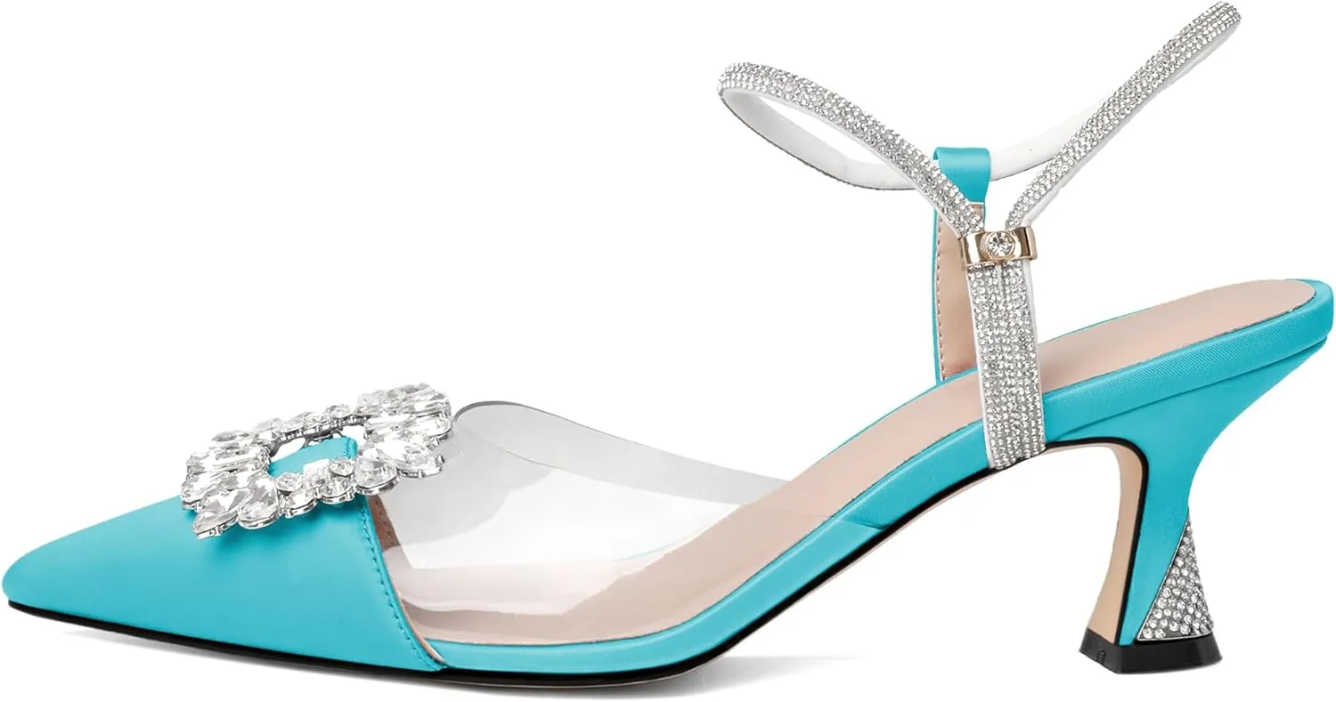 Joseywade Rhinestone Heels Slingback Low Kitten Heels Pumps Clear Heels Sparkly Buckle Closed Pointed Toe Women's Adjustable Ankle Strap Shoes for Wedding Bridal Bridesmaid