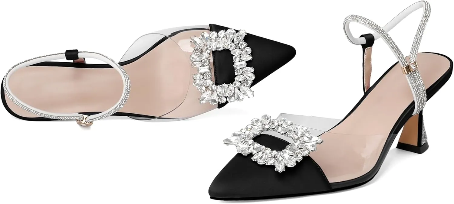 Joseywade Rhinestone Heels Slingback Low Kitten Heels Pumps Clear Heels Sparkly Buckle Closed Pointed Toe Women's Adjustable Ankle Strap Shoes for Wedding Bridal Bridesmaid