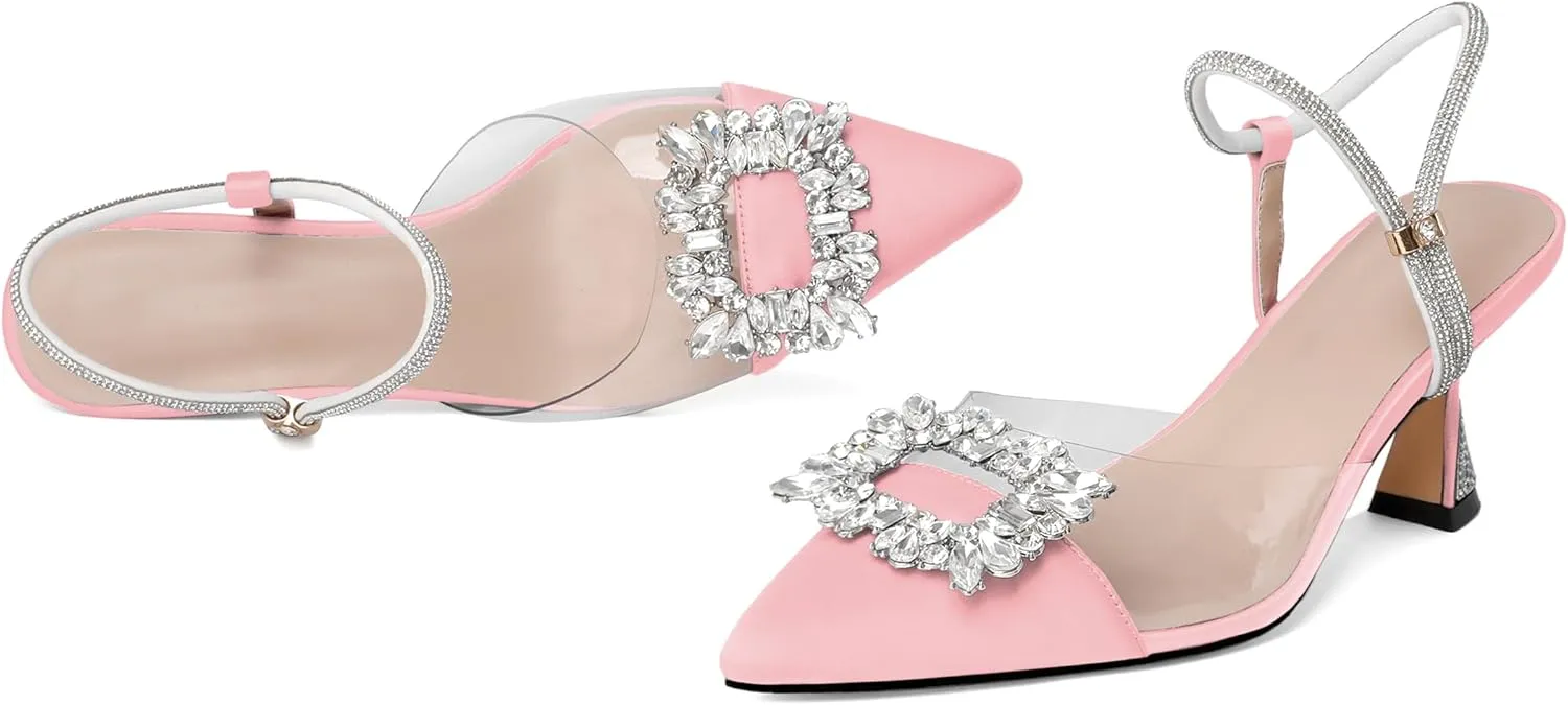 Joseywade Rhinestone Heels Slingback Low Kitten Heels Pumps Clear Heels Sparkly Buckle Closed Pointed Toe Women's Adjustable Ankle Strap Shoes for Wedding Bridal Bridesmaid