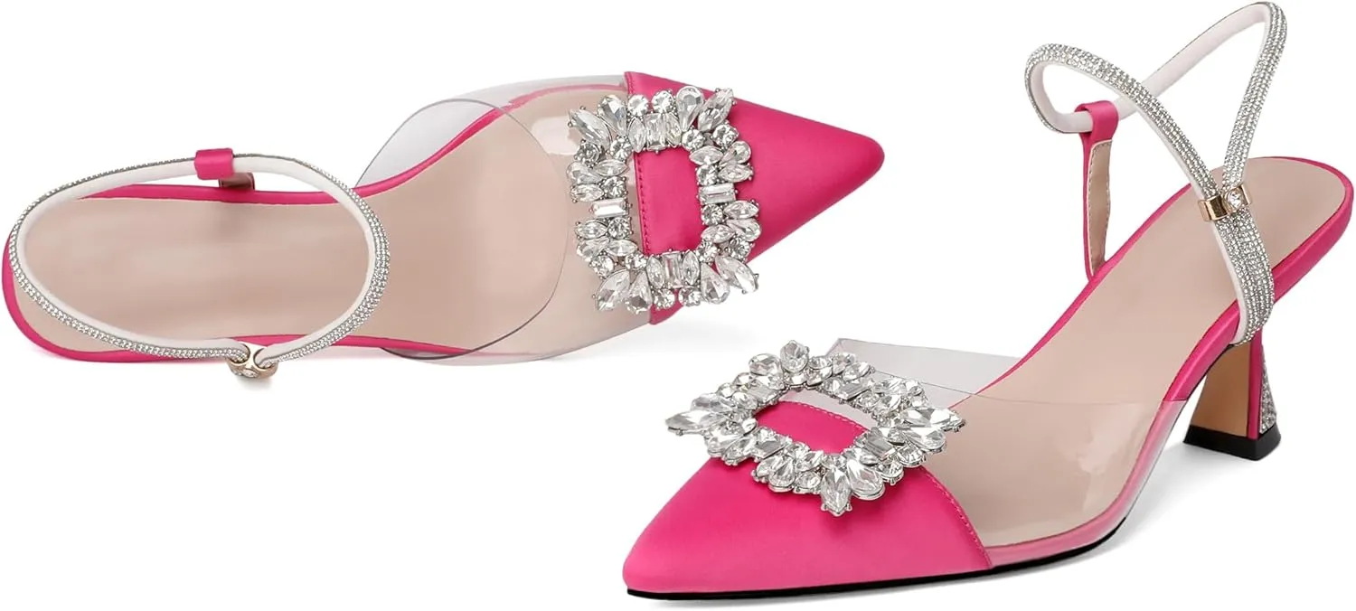 Joseywade Rhinestone Heels Slingback Low Kitten Heels Pumps Clear Heels Sparkly Buckle Closed Pointed Toe Women's Adjustable Ankle Strap Shoes for Wedding Bridal Bridesmaid