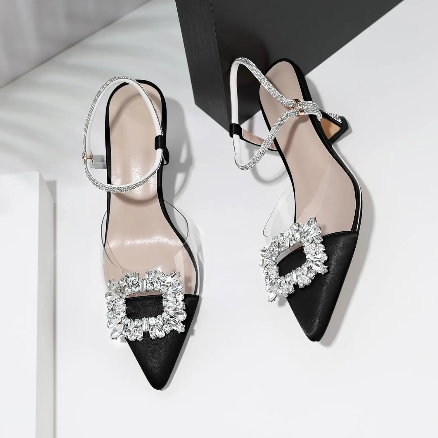 Joseywade Rhinestone Heels Slingback Low Kitten Heels Pumps Clear Heels Sparkly Buckle Closed Pointed Toe Women's Adjustable Ankle Strap Shoes for Wedding Bridal Bridesmaid