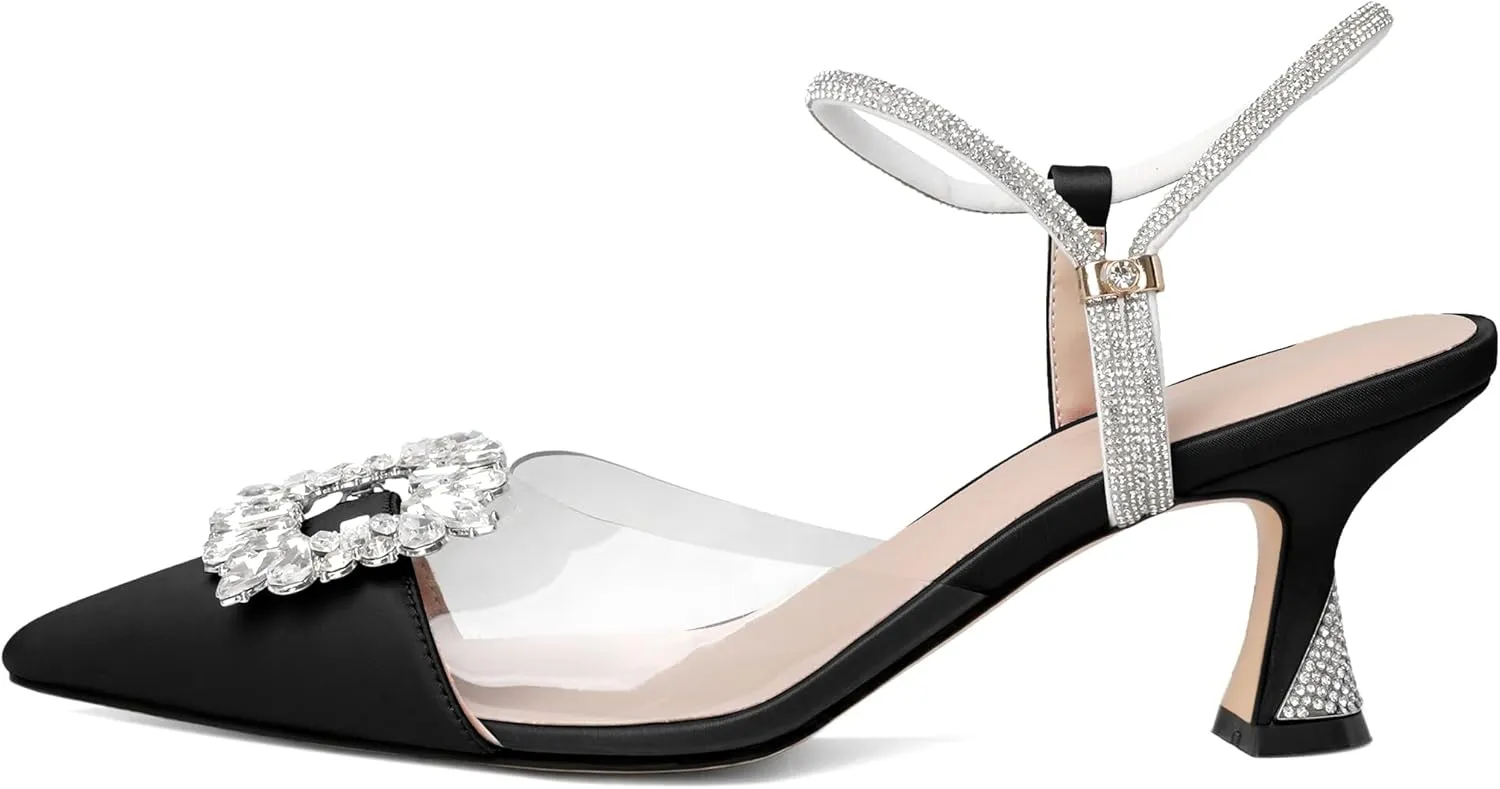 Joseywade Rhinestone Heels Slingback Low Kitten Heels Pumps Clear Heels Sparkly Buckle Closed Pointed Toe Women's Adjustable Ankle Strap Shoes for Wedding Bridal Bridesmaid