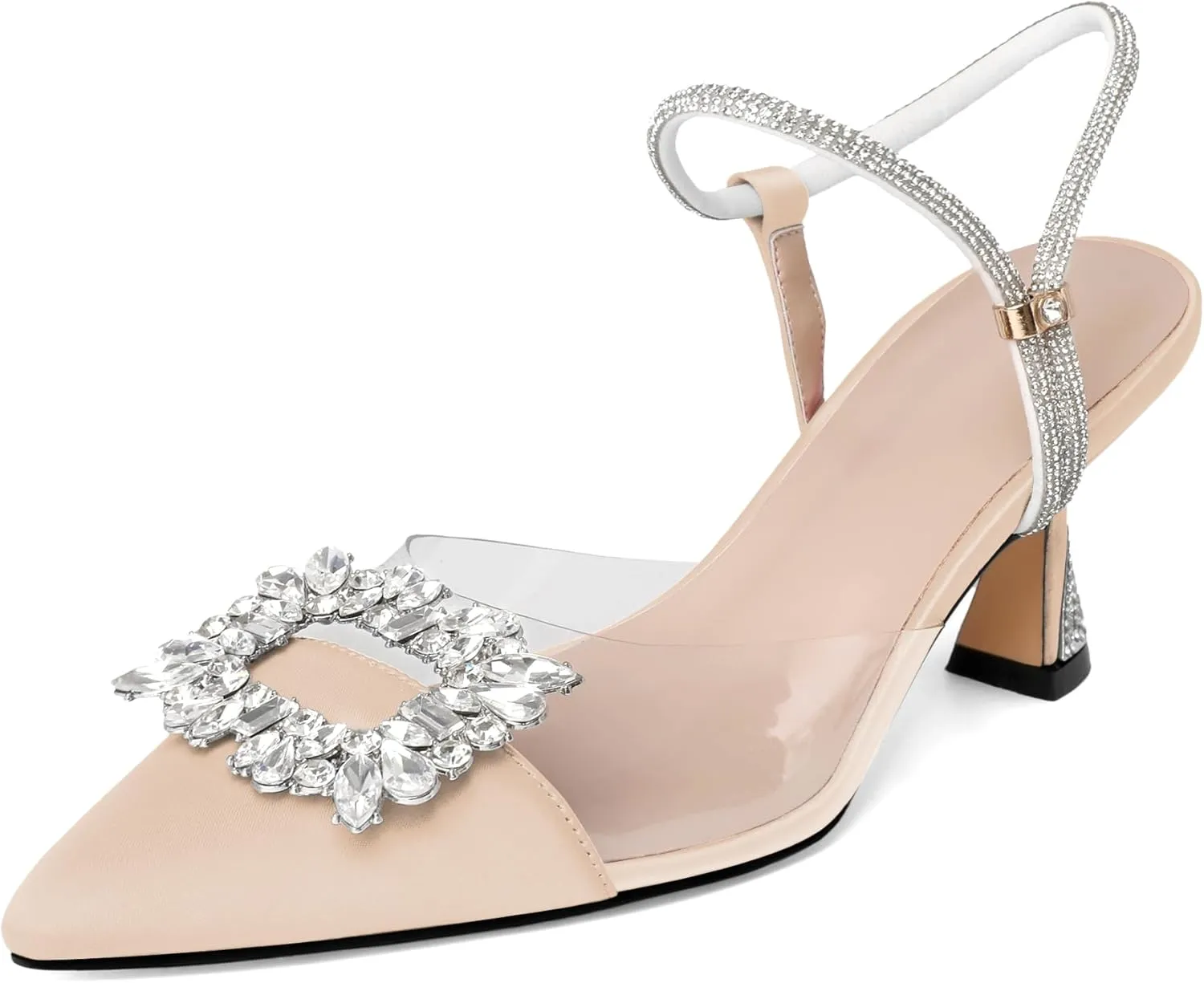 Joseywade Rhinestone Heels Slingback Low Kitten Heels Pumps Clear Heels Sparkly Buckle Closed Pointed Toe Women's Adjustable Ankle Strap Shoes for Wedding Bridal Bridesmaid