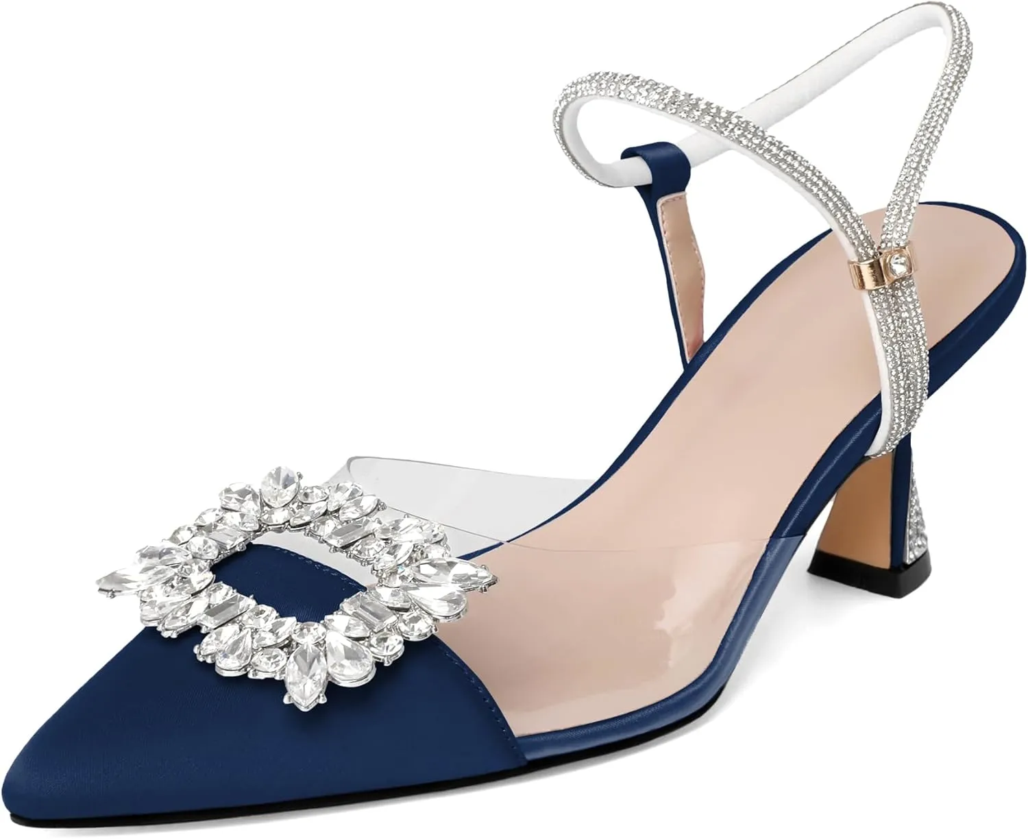 Joseywade Rhinestone Heels Slingback Low Kitten Heels Pumps Clear Heels Sparkly Buckle Closed Pointed Toe Women's Adjustable Ankle Strap Shoes for Wedding Bridal Bridesmaid