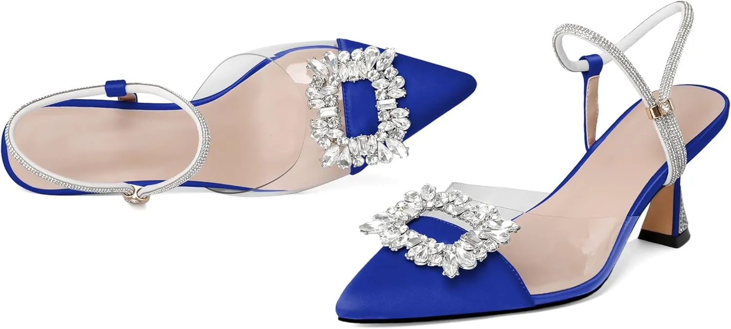 Joseywade Rhinestone Heels Slingback Low Kitten Heels Pumps Clear Heels Sparkly Buckle Closed Pointed Toe Women's Adjustable Ankle Strap Shoes for Wedding Bridal Bridesmaid