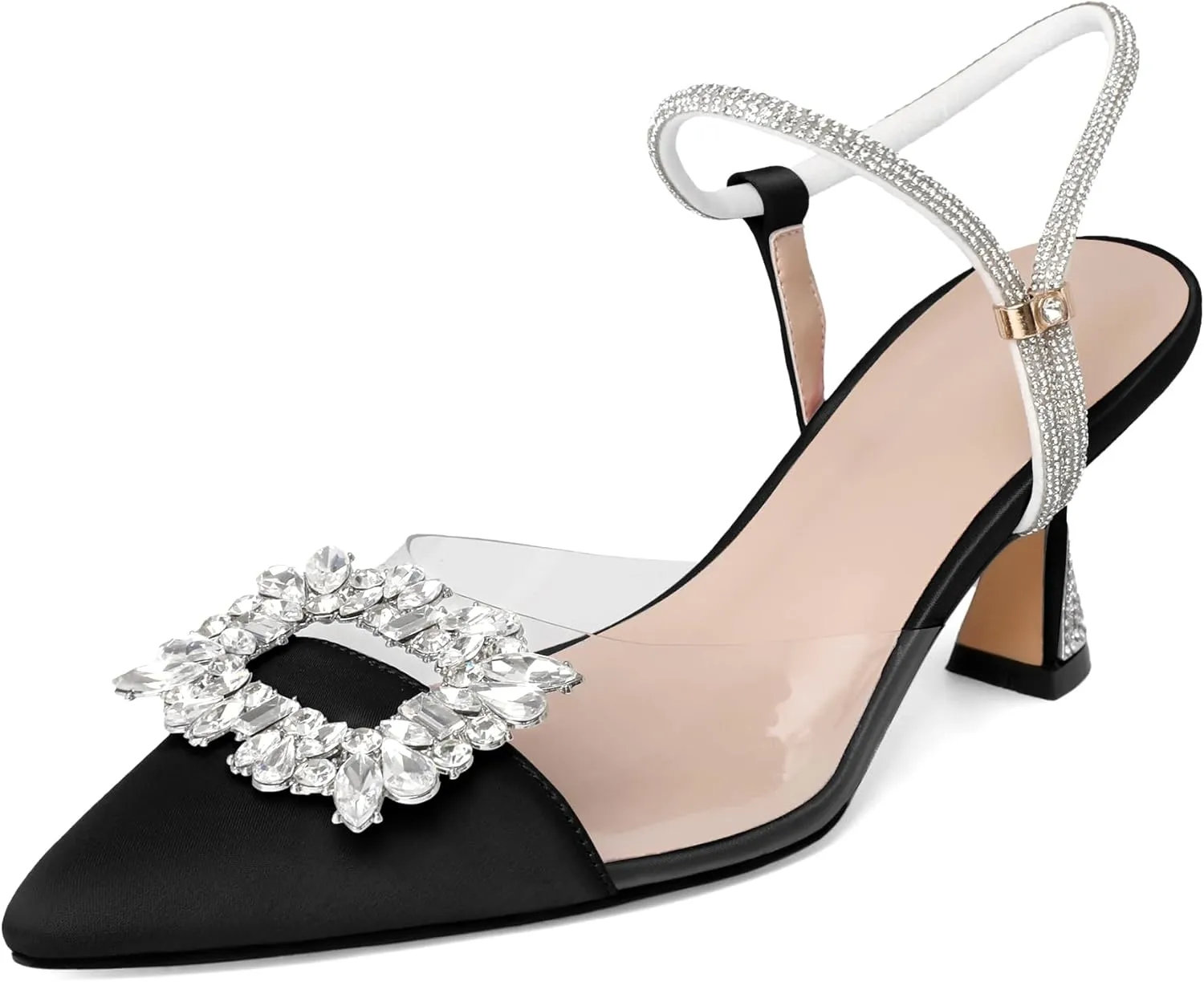 Joseywade Rhinestone Heels Slingback Low Kitten Heels Pumps Clear Heels Sparkly Buckle Closed Pointed Toe Women's Adjustable Ankle Strap Shoes for Wedding Bridal Bridesmaid