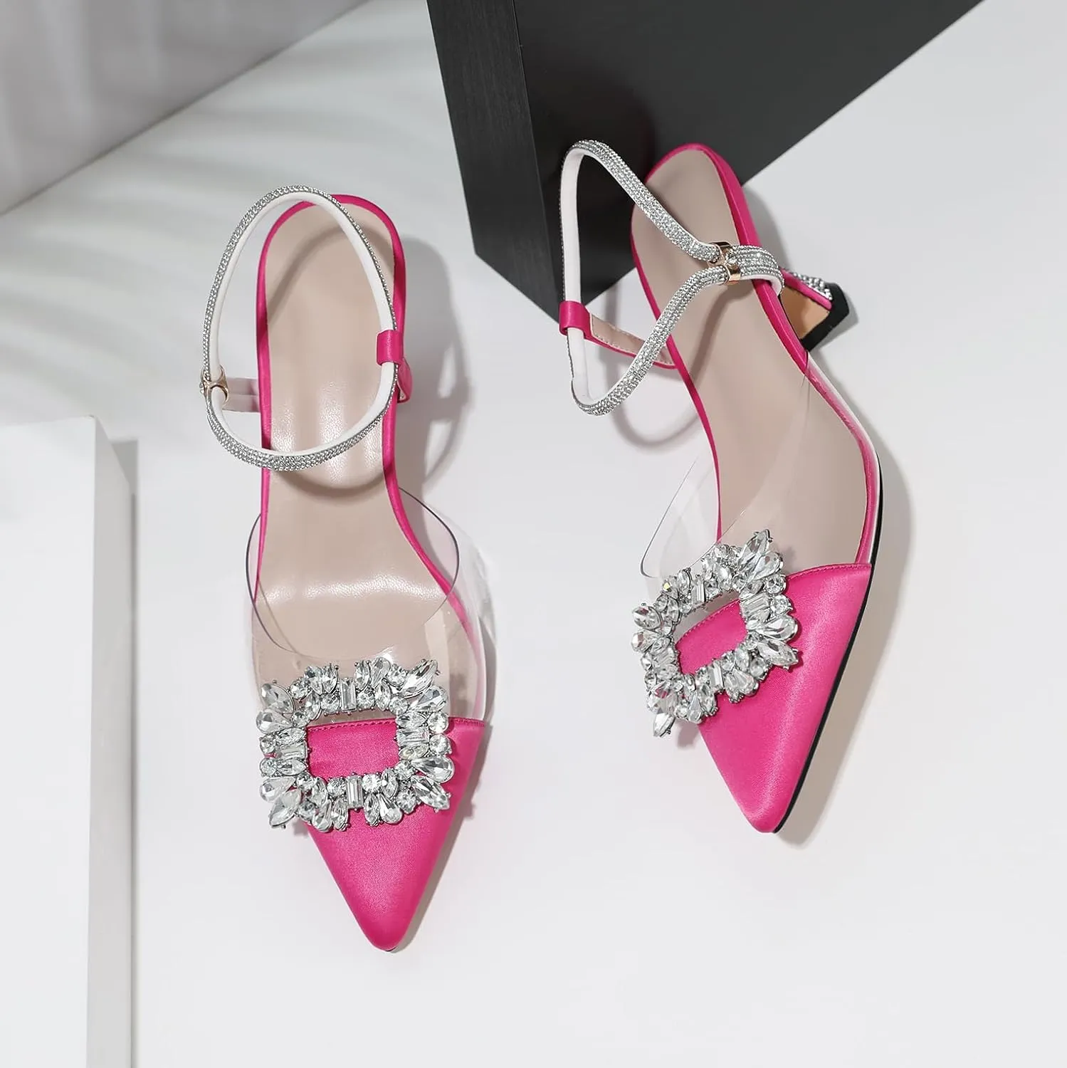 Joseywade Rhinestone Heels Slingback Low Kitten Heels Pumps Clear Heels Sparkly Buckle Closed Pointed Toe Women's Adjustable Ankle Strap Shoes for Wedding Bridal Bridesmaid