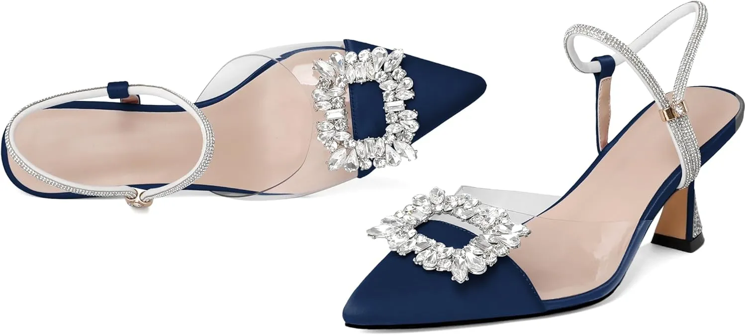 Joseywade Rhinestone Heels Slingback Low Kitten Heels Pumps Clear Heels Sparkly Buckle Closed Pointed Toe Women's Adjustable Ankle Strap Shoes for Wedding Bridal Bridesmaid