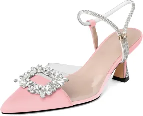Joseywade Rhinestone Heels Slingback Low Kitten Heels Pumps Clear Heels Sparkly Buckle Closed Pointed Toe Women's Adjustable Ankle Strap Shoes for Wedding Bridal Bridesmaid