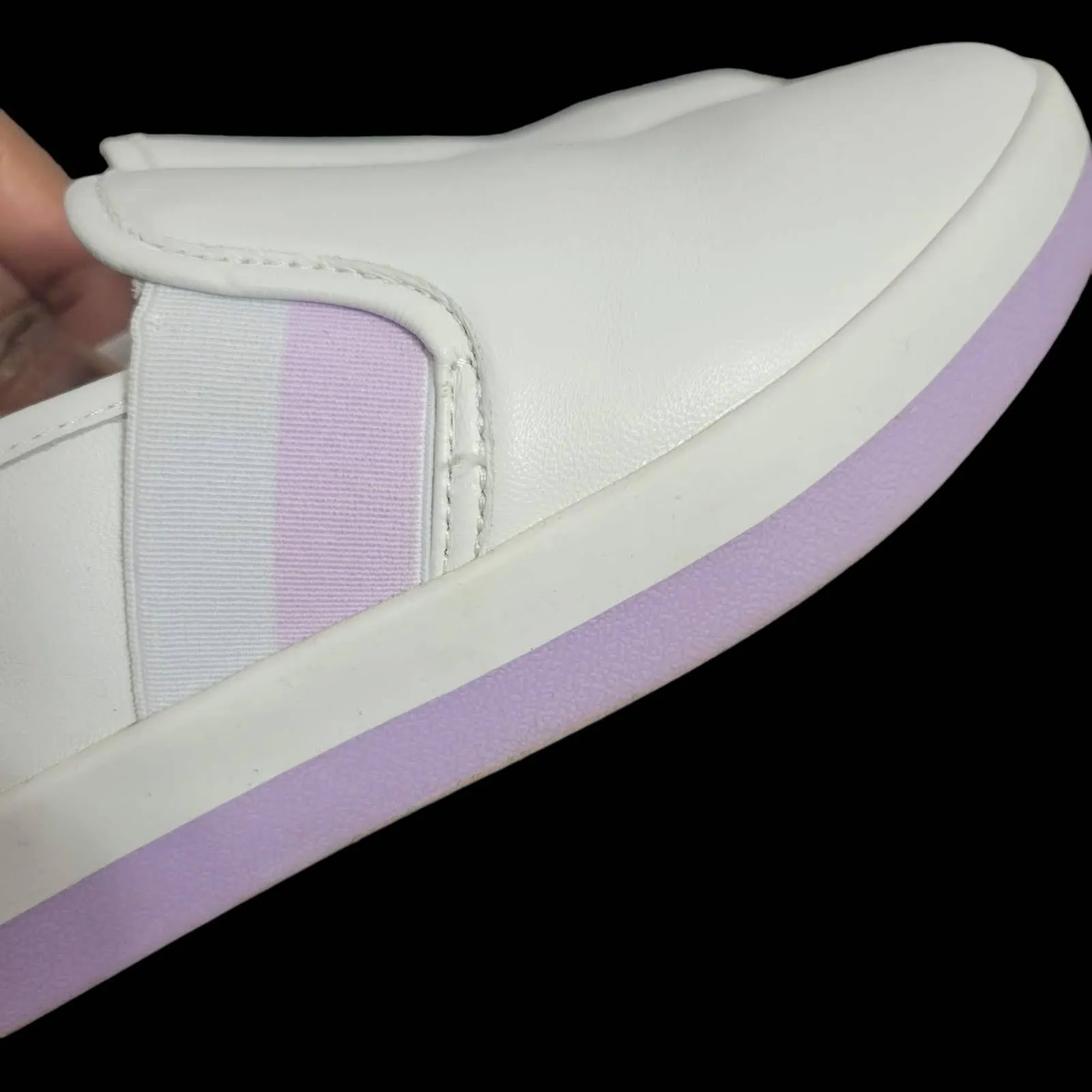 Kate Spade Sandy Sneakers Leather White Lilac Purple Laceless Slip On Size 5.5