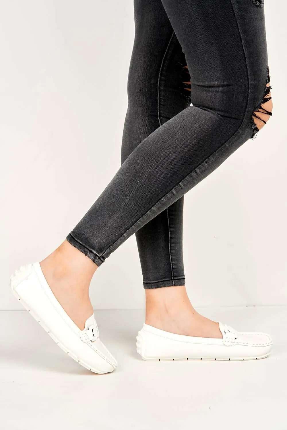 Kristin Flat Square Toe Loafers with Chain Detail in White