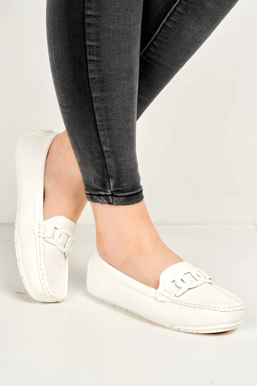 Kristin Flat Square Toe Loafers with Chain Detail in White