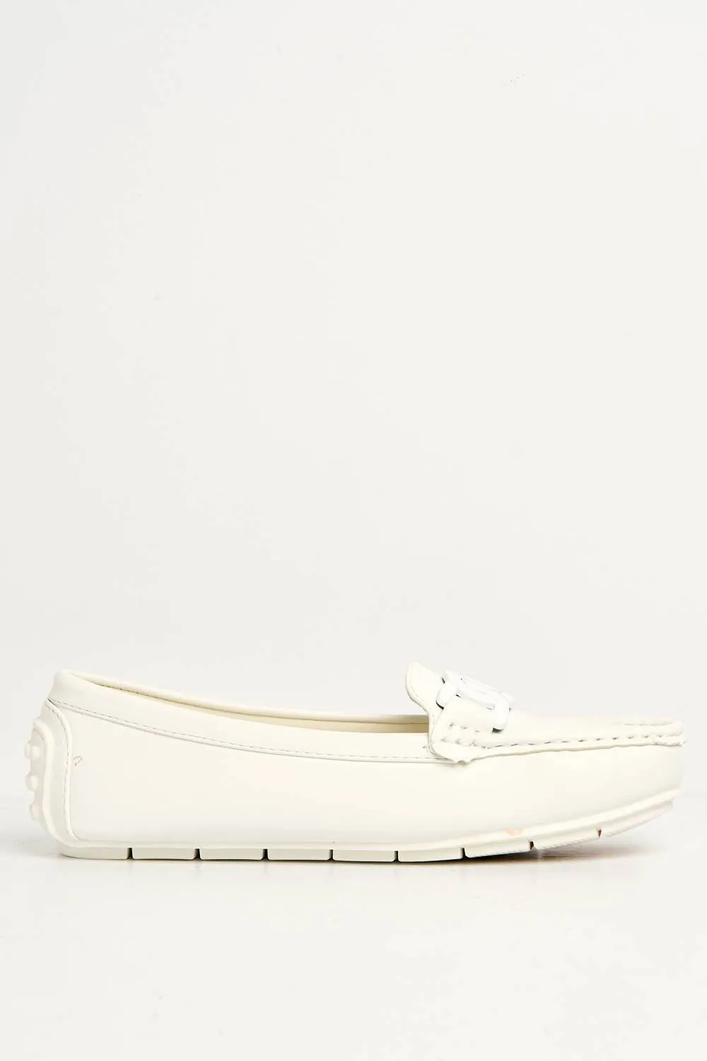 Kristin Flat Square Toe Loafers with Chain Detail in White