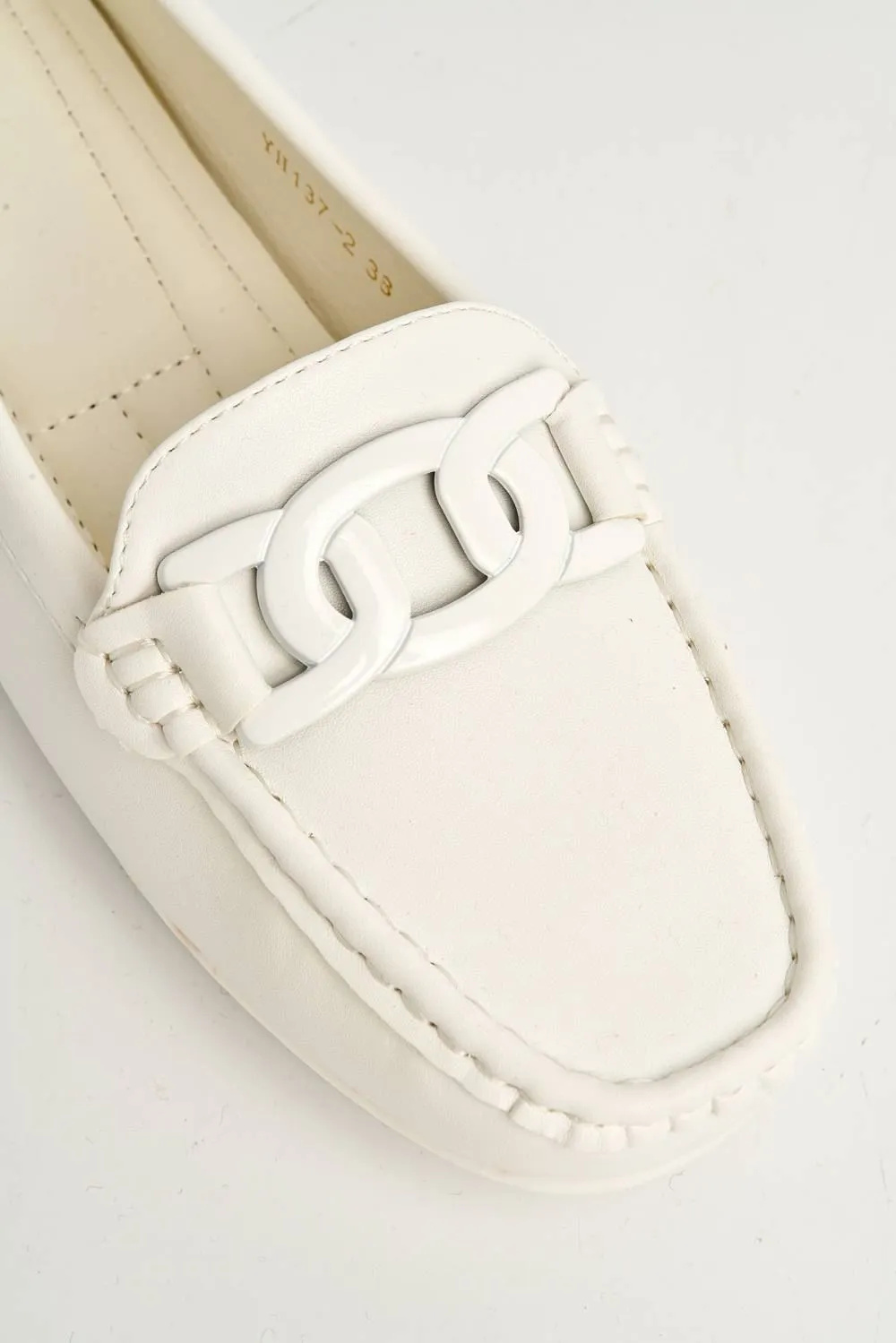 Kristin Flat Square Toe Loafers with Chain Detail in White