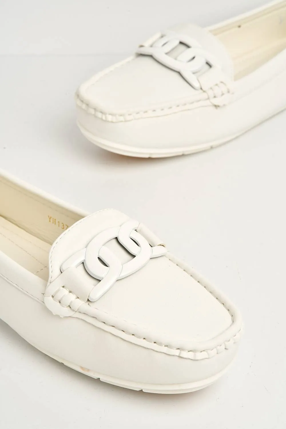Kristin Flat Square Toe Loafers with Chain Detail in White