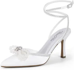 Mofri ShowHow Womens Wedding High Heels Slingback Stiletto Heels Closed Pointed Toe Strappy Heels Ankle Strap Pumps Rhinestone Pearl Bow Heels Bridal Party Wedding Dress Shoes