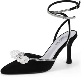Mofri ShowHow Womens Wedding High Heels Slingback Stiletto Heels Closed Pointed Toe Strappy Heels Ankle Strap Pumps Rhinestone Pearl Bow Heels Bridal Party Wedding Dress Shoes