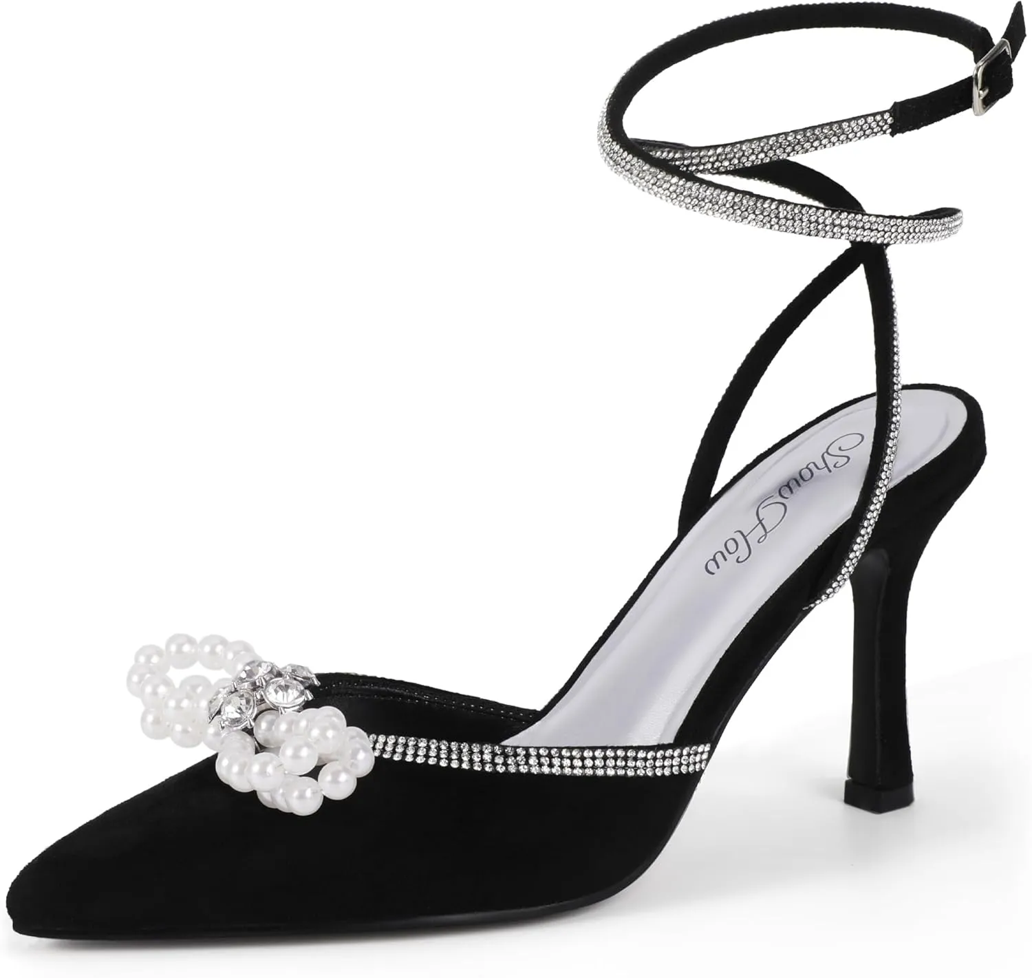 Mofri ShowHow Womens Wedding High Heels Slingback Stiletto Heels Closed Pointed Toe Strappy Heels Ankle Strap Pumps Rhinestone Pearl Bow Heels Bridal Party Wedding Dress Shoes