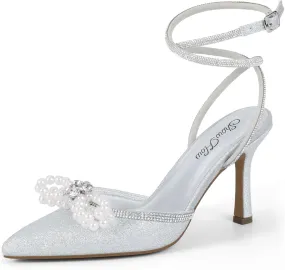 Mofri ShowHow Womens Wedding High Heels Slingback Stiletto Heels Closed Pointed Toe Strappy Heels Ankle Strap Pumps Rhinestone Pearl Bow Heels Bridal Party Wedding Dress Shoes