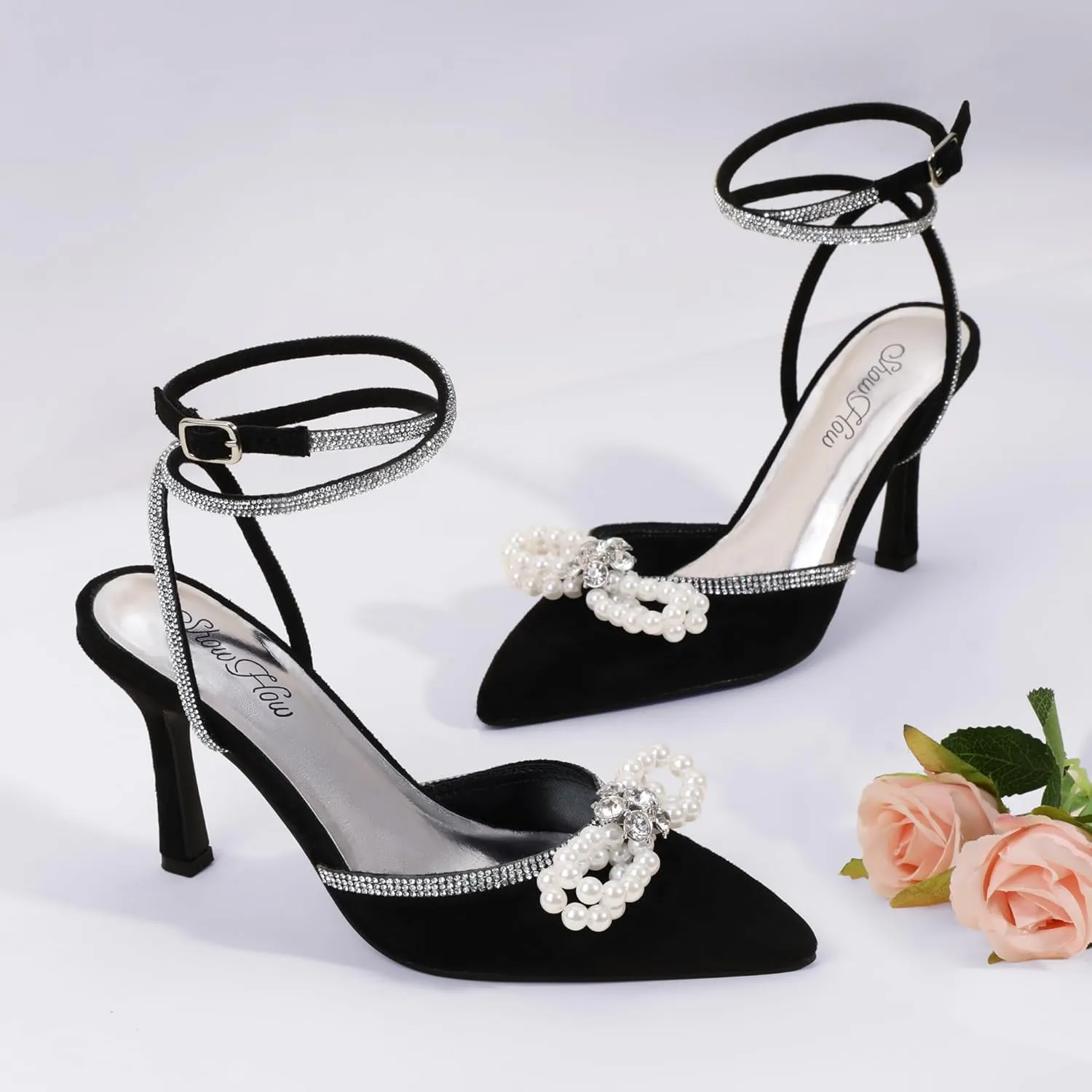 Mofri ShowHow Womens Wedding High Heels Slingback Stiletto Heels Closed Pointed Toe Strappy Heels Ankle Strap Pumps Rhinestone Pearl Bow Heels Bridal Party Wedding Dress Shoes