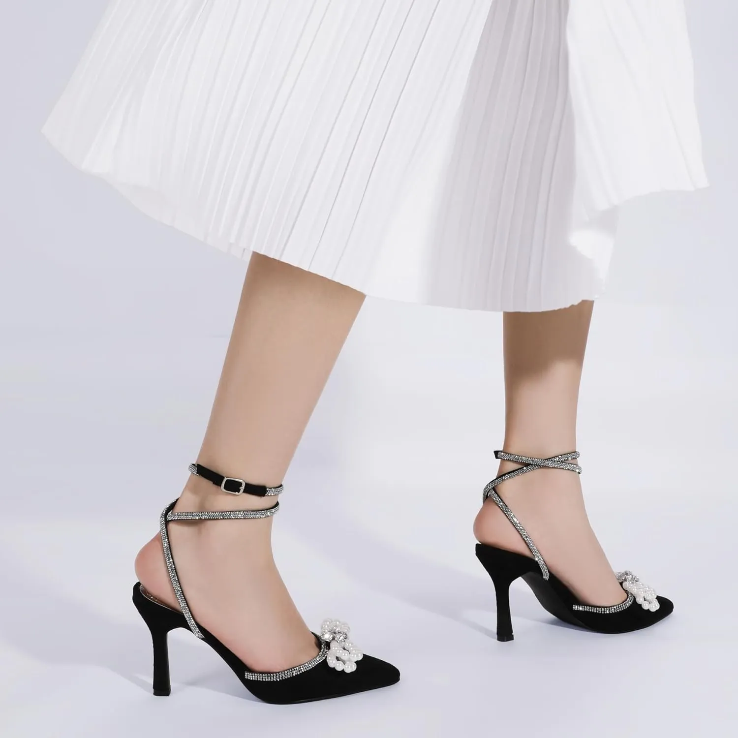 Mofri ShowHow Womens Wedding High Heels Slingback Stiletto Heels Closed Pointed Toe Strappy Heels Ankle Strap Pumps Rhinestone Pearl Bow Heels Bridal Party Wedding Dress Shoes