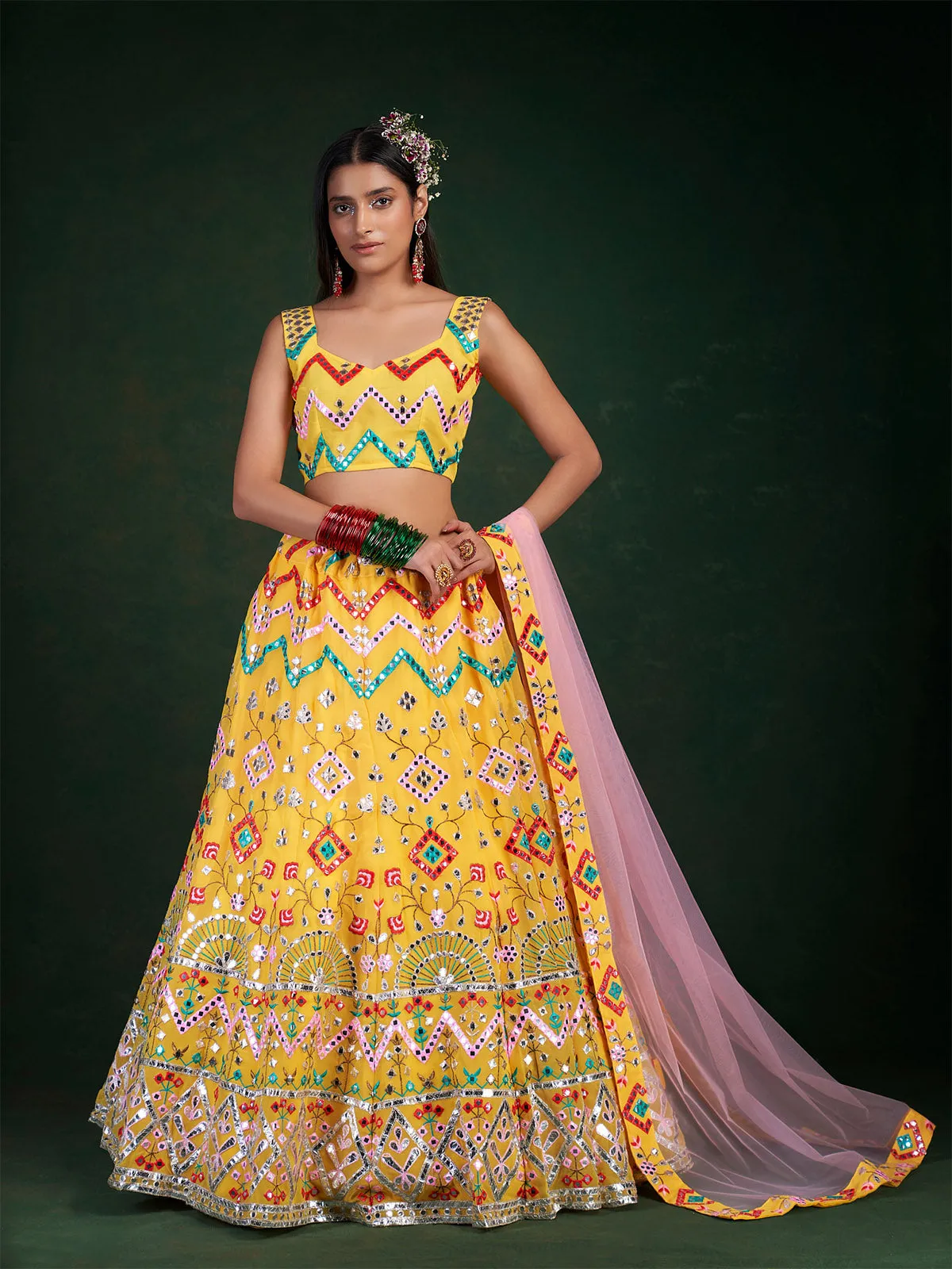 Yellow Embroidered Bridal Semi Stitched Lehenga With  Unstitched Blouse