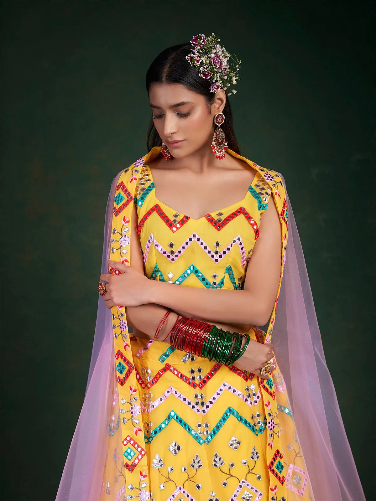 Yellow Embroidered Bridal Semi Stitched Lehenga With  Unstitched Blouse